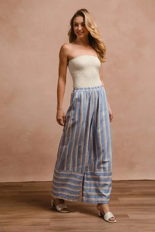 BiBi Striped Wide Leg Pants with Pockets for Women - Love Salve